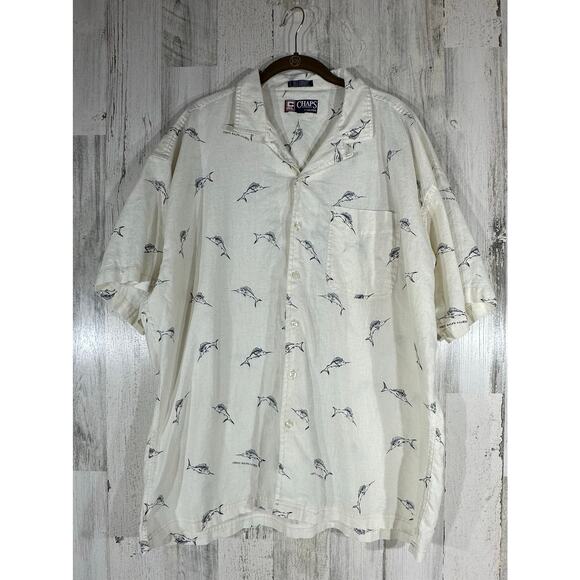 Chaps Ralph Lauren Button Up Camp Shirt Size XL Off White Swordfish READ - Picture 1 of 6